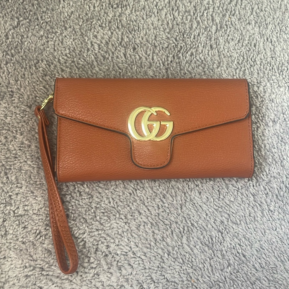 GUCCI Cellarius Calfskin GG Marmont Continental Wallet Nut Brown